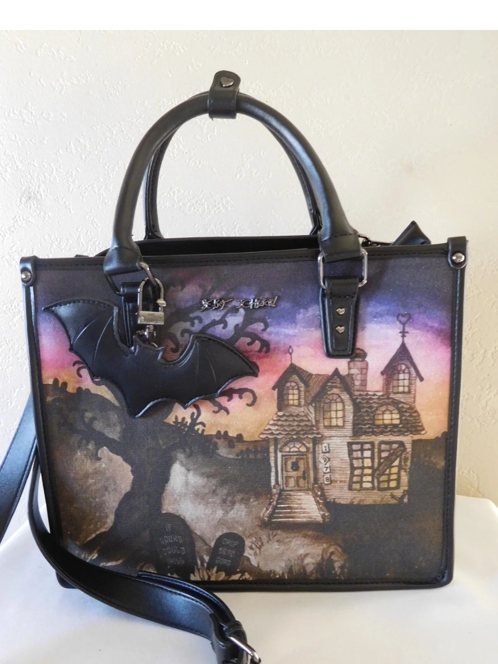 Betsey Johnson Black Haunted House Tote Bag with Bat Charm